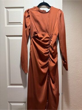 Rust Ruched Long-Sleeve Midi Dress
